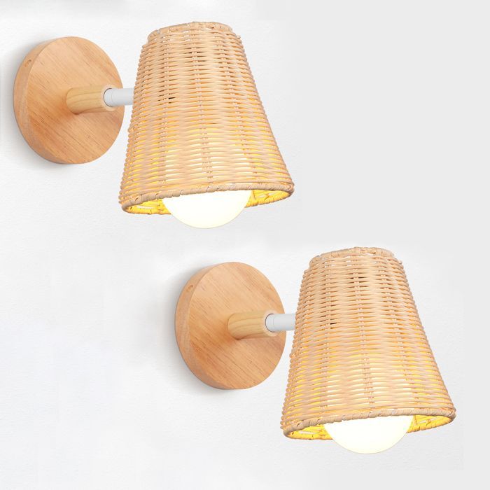 SNOGOLD 2 apliques de pared de ratán tejido, portalámparas E27, pantalla de bambú tejida a mano, lámpara de pared para dormitorio/sala de estar.