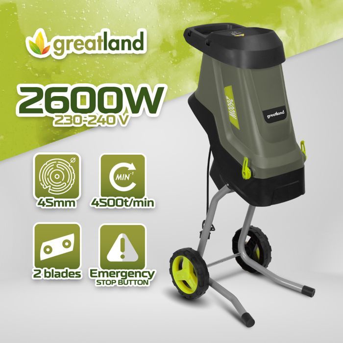 Elektrischer Gartenhäcksler mit 2600 W Leistung und 45-Liter-Auffangsack