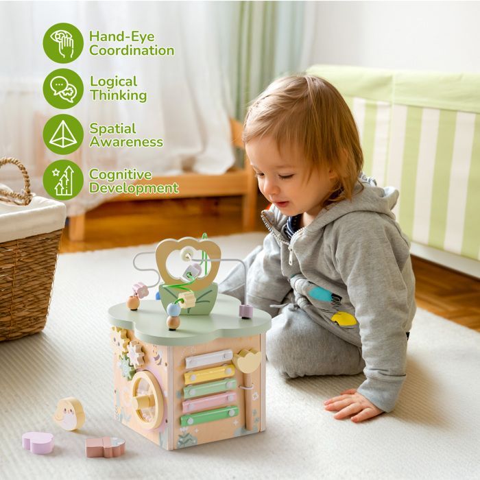 Abaco educativo per bambini - ROBOTIME ROBUD Cubo attività in legno - Tema cespuglio di fiori