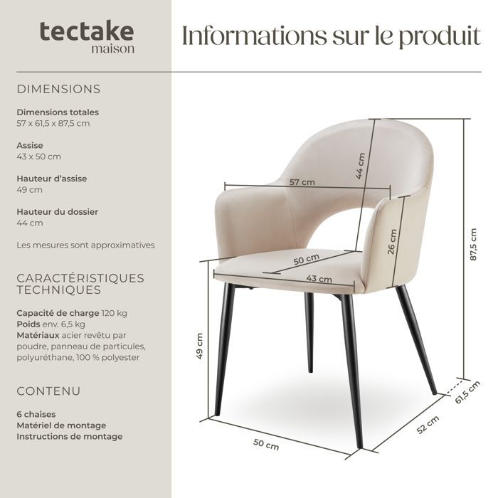 Cadeiras - TECTAKE - Conjunto de 6 poltronas SACHEL com estofamento em veludo, capacidade máxima de carga 120 kg, com pés de aço - Creme