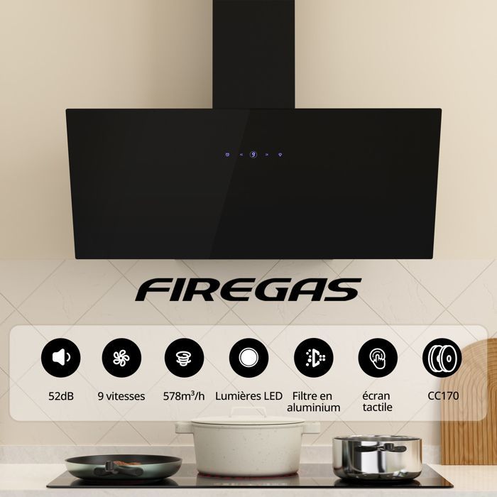 FIREGAS 90cm Cooker Hoods, Angled Kitchen Hood, 578m³/h High Suction Power, Extraction or Recirculation, A++