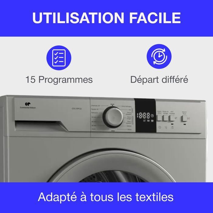 Sèche-linge pompe à chaleur CONTINENTAL EDISON CESL10PCS2 - 10 kg - 60 cm - Classe E - Silver