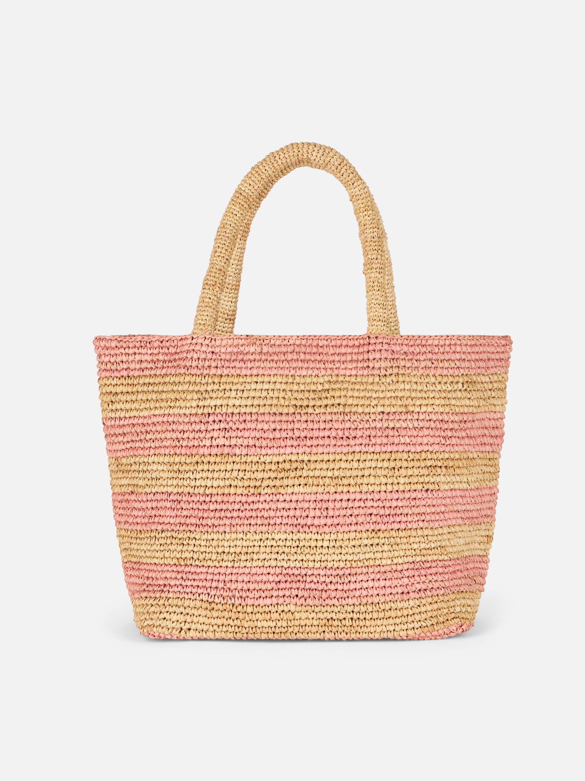 Roze gestreepte raffia midi strandtas met katoenen clutch