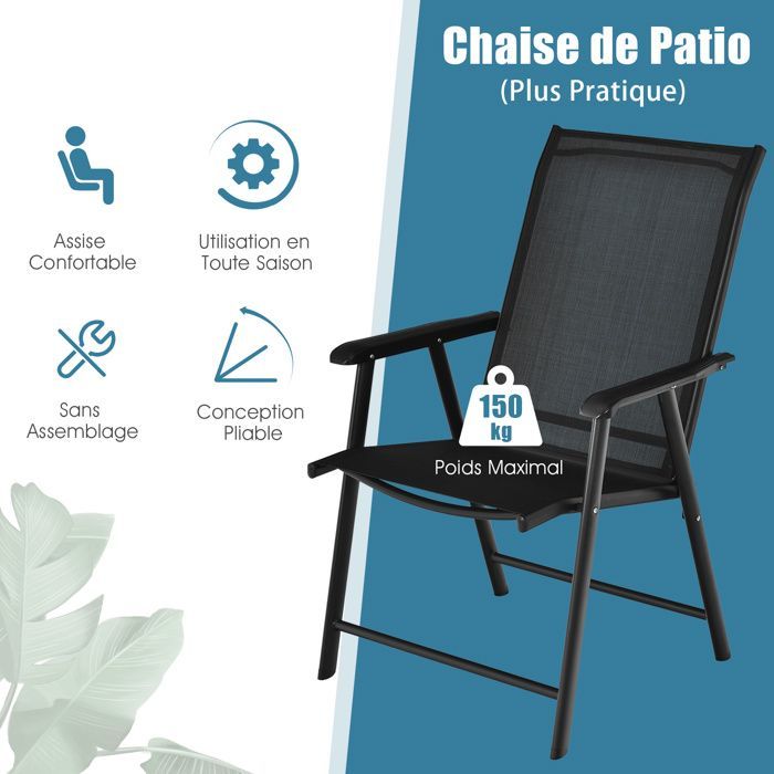 Juego de 2 sillas plegables de jardín para exteriores COSTWAY, con cierre de seguridad, estructura metálica y capacidad de carga de 150 kg, ideales para patio o playa. Color negro.