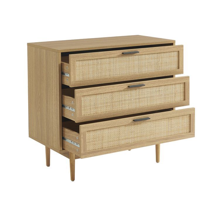 Commode AMANA effet chêne et cannage rotin 3 tiroirs 80cm - Bois