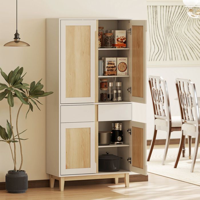 Aparador alto de cocina - HOMCOM - 4 puertas, 2 cajones, estantes ajustables - MDF y aglomerado - 80x35x170cm - blanco y roble
