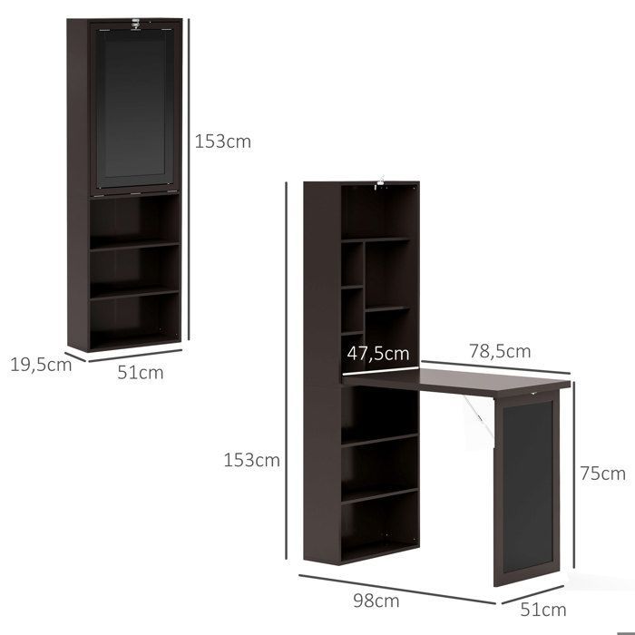 Escritorio plegable de pared HOMCOM con almacenamiento, librería, estación de trabajo, pizarra y estante ajustable.