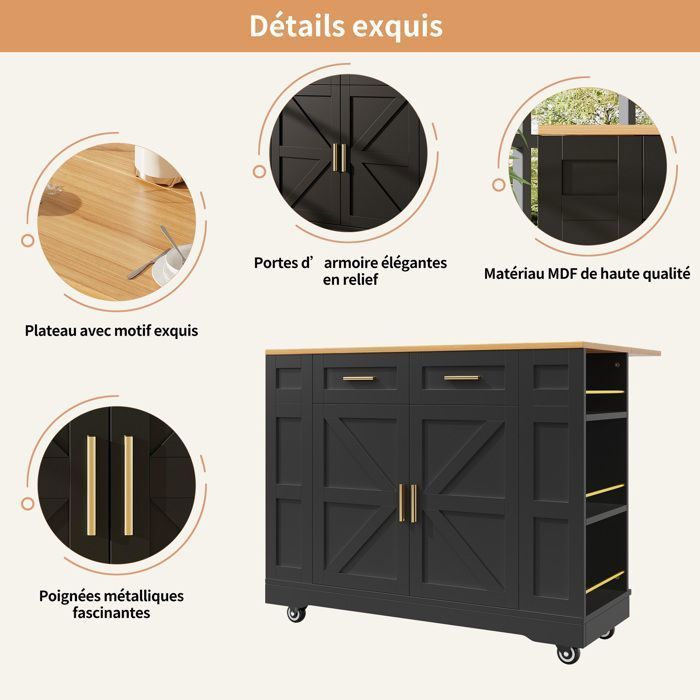 Buffet Îlot  de Cuisine , Armoire de Salon Multi-rangements,2 Portes 2 Tiroirs,Plan de Travail,Desserte Chariot à Roulettes ,Noir