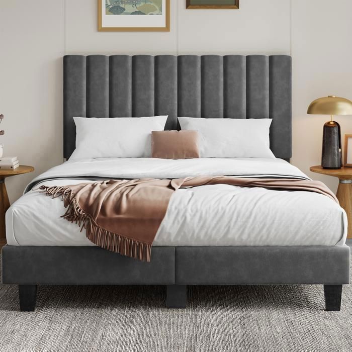 HavenlyHome 140x190 cm Bed, Upholstered Linen Bed with Headboard, Double Bed with Slatted Base, Adult Bed for 2 People, Grey