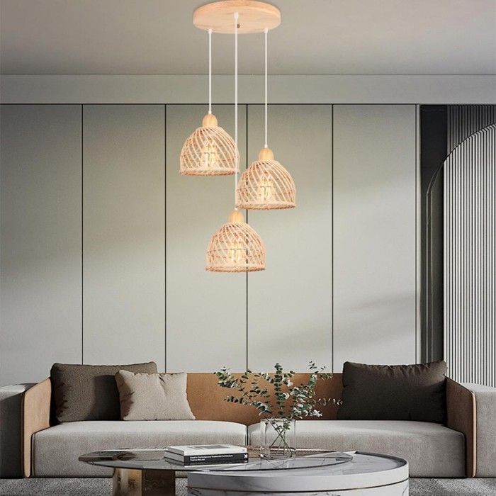 WOTTES 3 têtes Suspension Luminaire Moderne Créatif Disque Lustre en Bois et Bambou de Design à Spirale Vintage Suspension Rotin