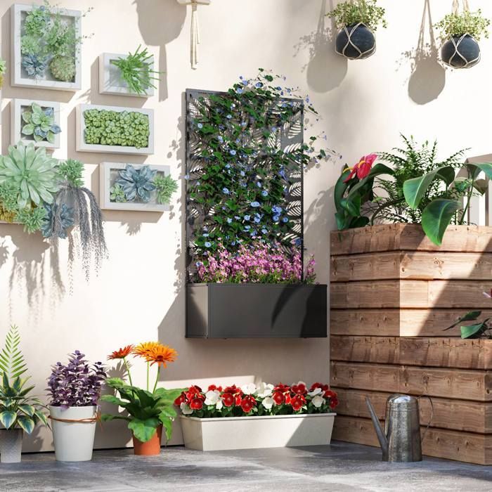 Planter - Outsunny - with trellis as a privacy panel - rectangular - metal - 61 x 23 x 113 cm - black