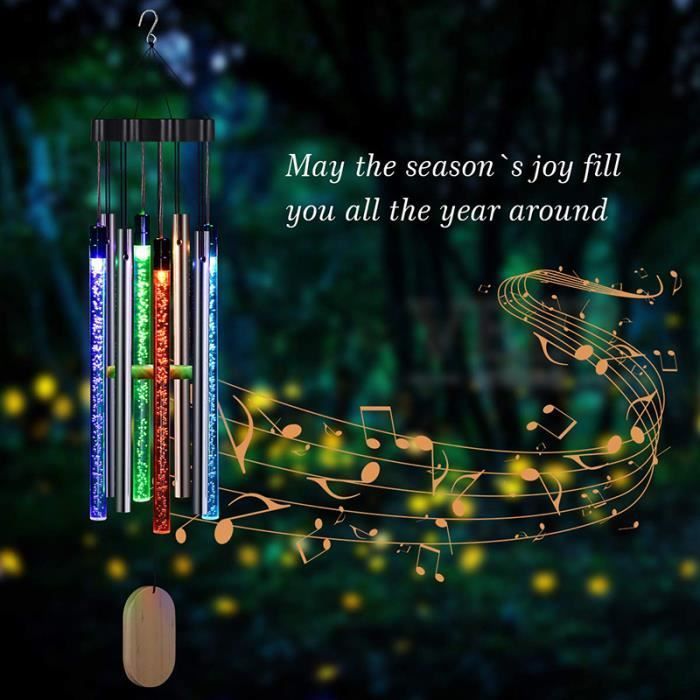 Carillon a vento musicale solare impermeabile, con tubo in alluminio e colonna a bolle, lampada a colori variabili.