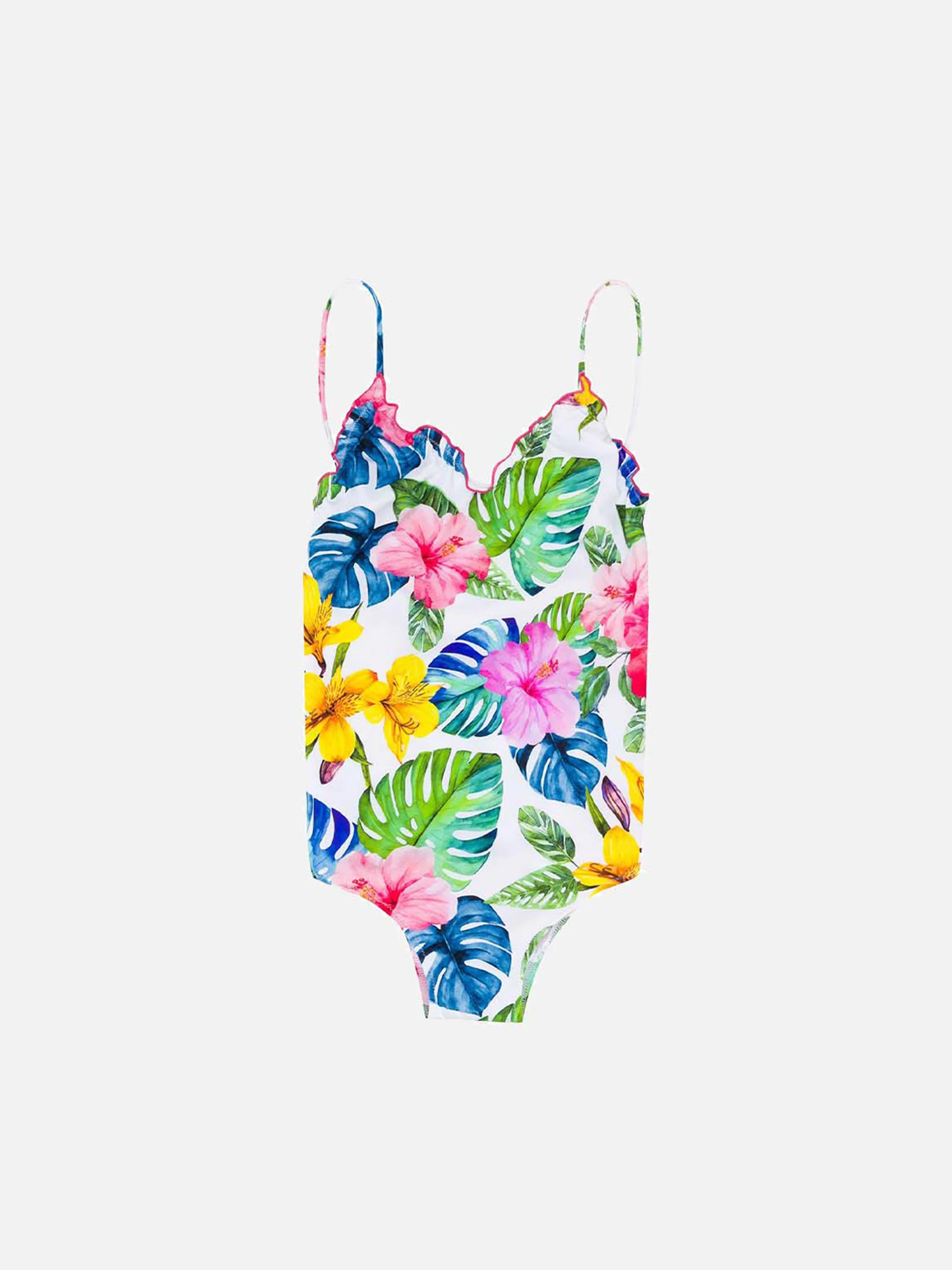 Costume intero da bambina con stampa tropicale