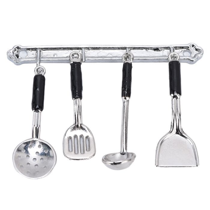 Set of 2 miniature kitchen accessory sets for 1:12 scale dollhouses: miniature shovel, spoon, hook, colander