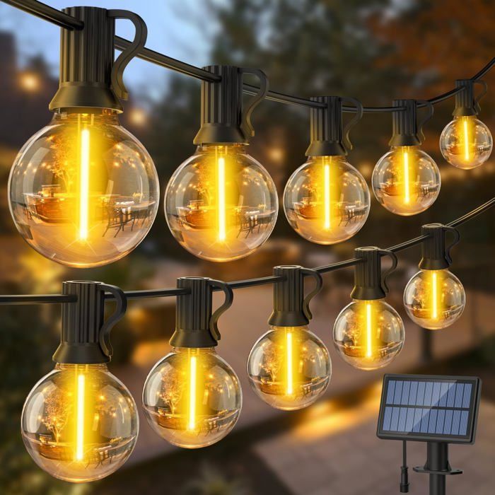 Guirnalda de luces solares para exteriores de 15 m, bombillas LED G40, resistente al agua IP65, ideal para jardín, patio y bodas.