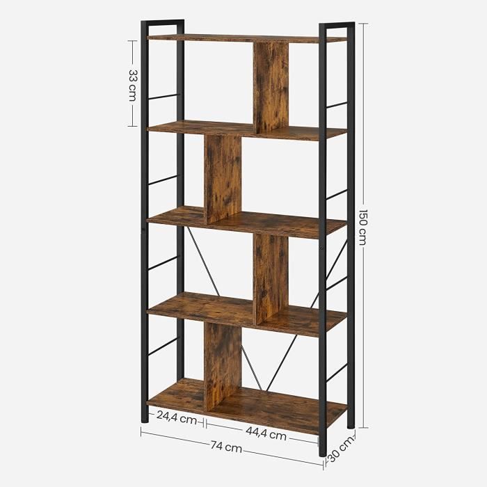Libreria VASAGLE - Scaffale a 5 ripiani - Stile industriale - Marrone rustico e nero