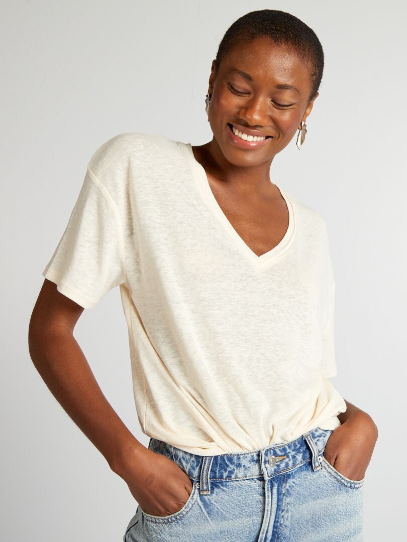 Camiseta de cuello redondo con lino - BLANCA