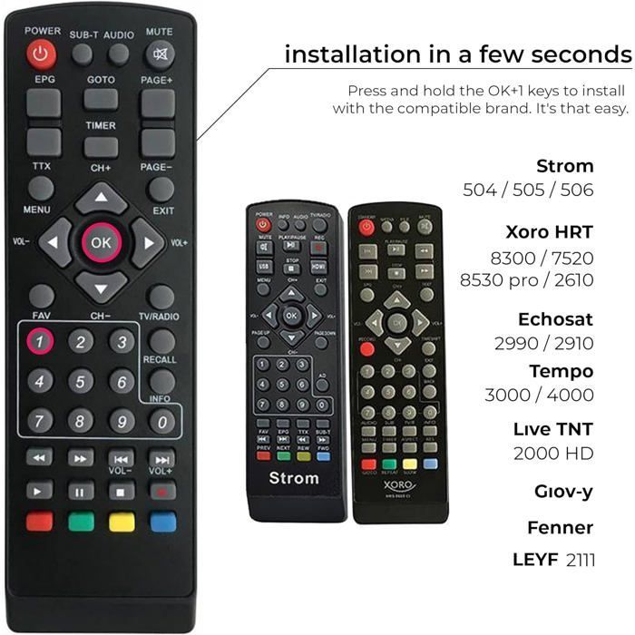 Telecomando universale 7 in 1 compatibile con decoder digitali terrestri DVB-T: Strong, Engel, Metronic, Strom, Livetnt, Xoro