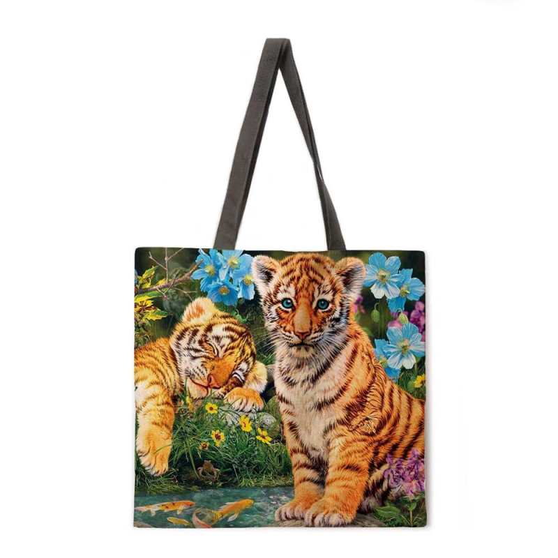 Borsa per la spesa riutilizzabile Forest Tiger, borsa da spiaggia alla moda da donna, borsa a tracolla in tessuto di lino