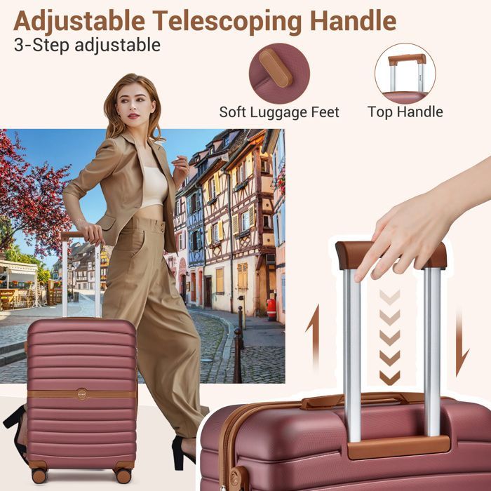 Juego de 3 maletas rígidas Kono (55/66/76 cm) ABS+PC - Maleta de cabina, ligera y resistente, 4 ruedas y cerradura de seguridad, roja