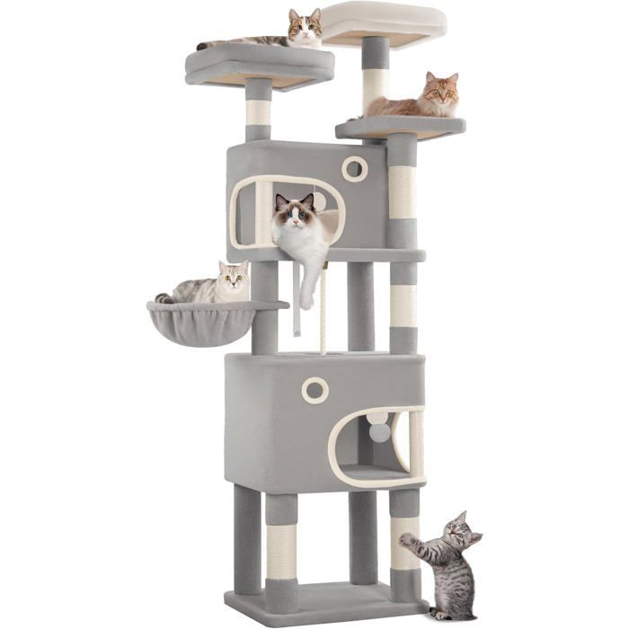 Tiragraffi per gatti, alto 180 cm, torre gioco con 8 pali per graffiare, 3 piattaforme, 2 grotte, cestino, pon-pon, grigio chiaro.