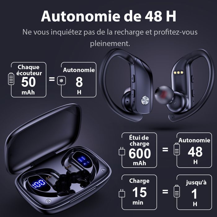 VEATOOL Écouteur Sportif Sans Fil Bluetooth 5.1 Étanche IPX5 Son Stéréo Autonomie 48h Micro Intégré Noir