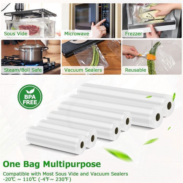 rollos de sellado al vacío con relieve para máquinas de sellado al vacío de 15/20/28 cm x 3 metros. Rollo de película para bolsas de seguridad sin BPA con etiqueta.