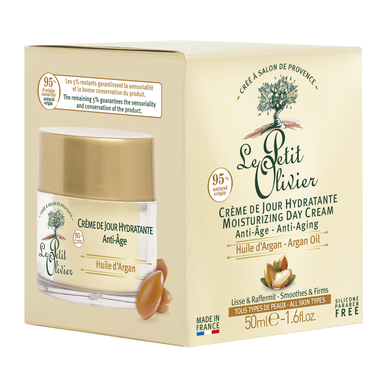 „Le Petit Olivier“ drėkinamasis dieninis kremas su senėjimą stabdančiu argano aliejumi veidui, 50 ml
