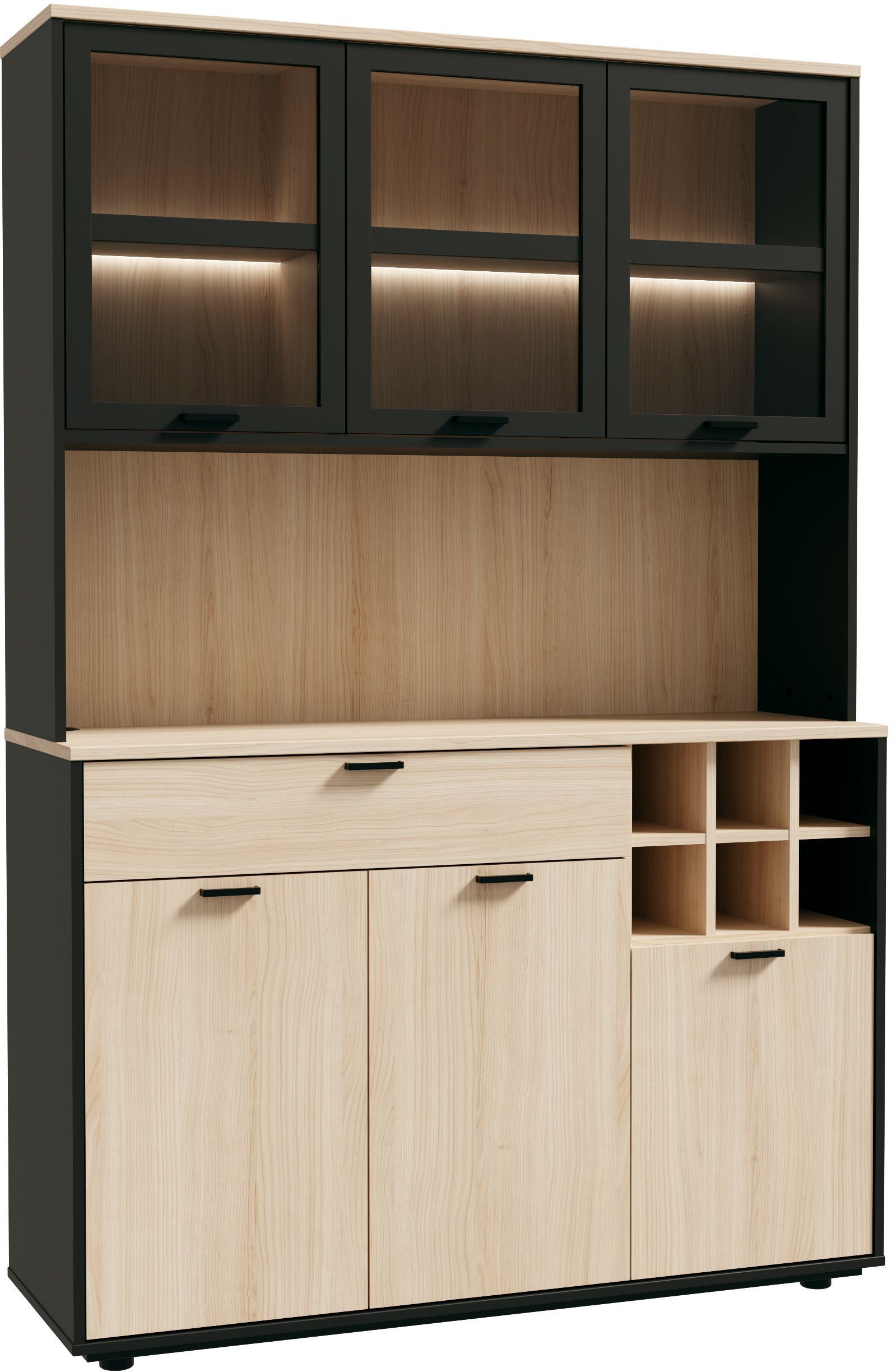 Aparador de cocina - MANTEK - 122,8 x 41,5 x 183 cm - Roble / Negro - Estilo industrial - Iluminación LED incluida
