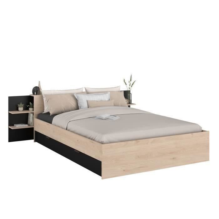 HORN Lit adulte 140 x 190 / 200 cm - Avec tiroir de rangement - Décor chêne et noir – PARISOT