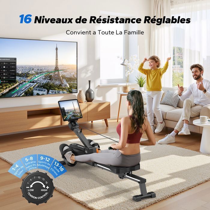Vogatore magnetico MERACH – 16 livelli di resistenza, per uso domestico/appartamento, pieghevole, schermo LCD, connettività Kinomap, carico massimo 150