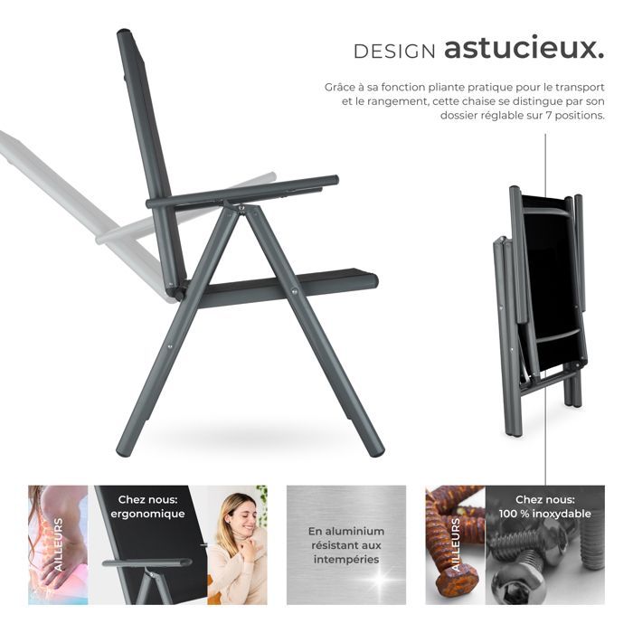 Tuinstoelen - TECTAKE - Set van 4 MARILENA opklapbare tuinstoelen, inklapbaar, rugleuning in 7 standen verstelbaar - Zwart/Antraciet