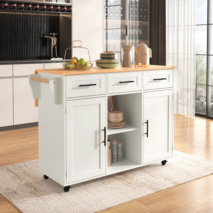 Multifunctional wooden kitchen trolley with worktop and drawer - W139 x D46(71) x H91.5 cm - White