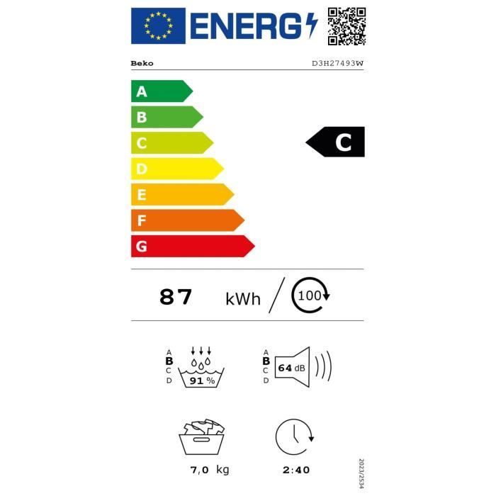 Asciugatrice a pompa di calore BEKO b300 D3H27493W - 7 kg - Induzione - Larghezza 60 cm - Sensore di umidità - Bianca