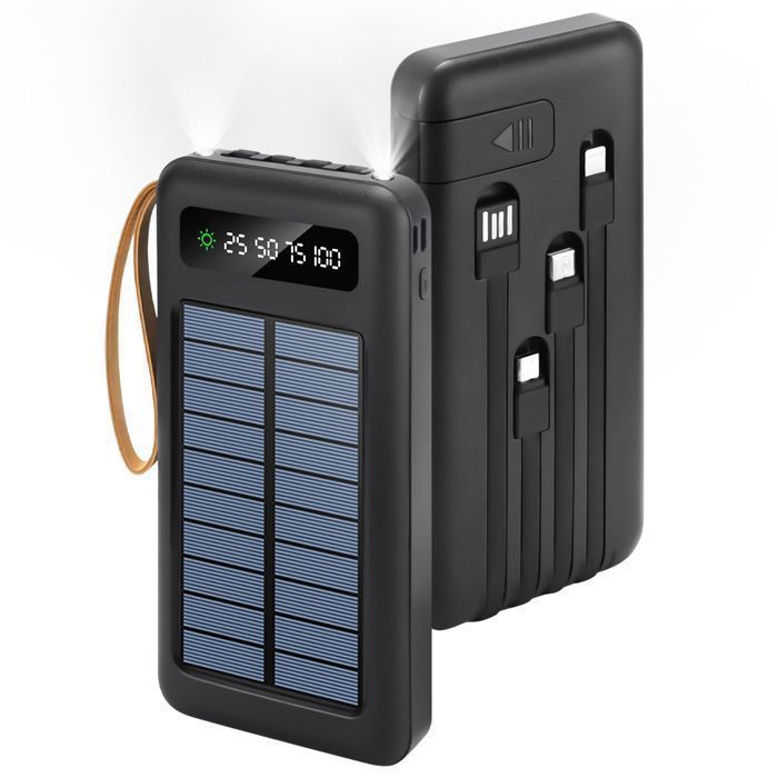 Cargador solar Power Bank de 20000 mAh con 4 cables integrados, 6 salidas y 3 entradas, pantalla LED y lámpara.