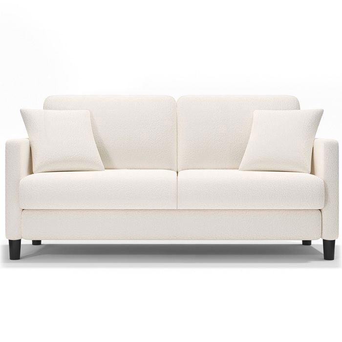 Sofá de 2 plazas de terciopelo beige estilo Teddy para salón o dormitorio, estilo escandinavo, con 2 cojines, patas de madera, 165 × 78 × 85 cm.