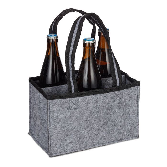Soporte para botellas Relaxdays para 6 botellas, de fieltro, bolso de mano para cerveza de hombre, de tela, con bolsillo para 0,5 L, 15 x 24 x 15 cm, gris.