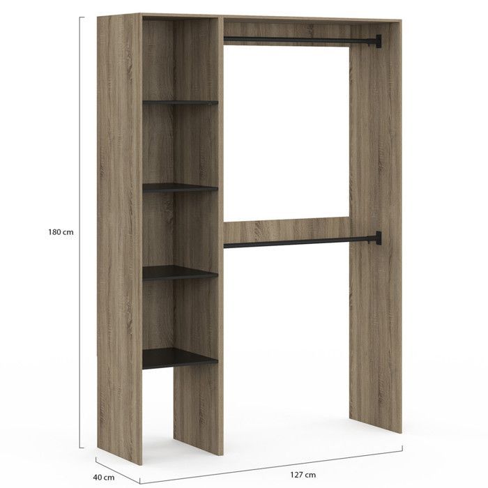 IDMARKET Dressing d'angle modulable L. 90 / 127 cm MELMAN double penderie + étagères bois et noir
