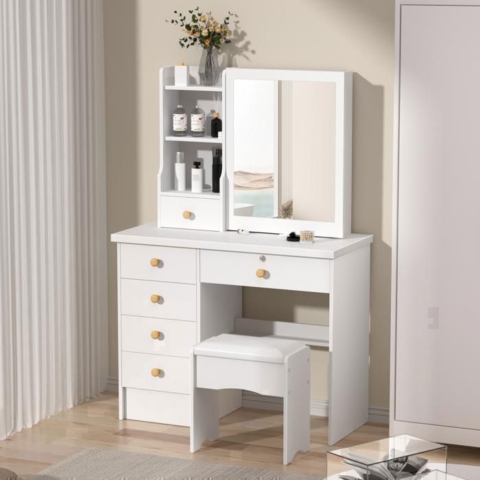 Coiffeuse avec Miroir et Tabouret - 6 Tiroirs 6 Étagères - Miroir coulissant - Tabouret coussiné - 80x37x122cm