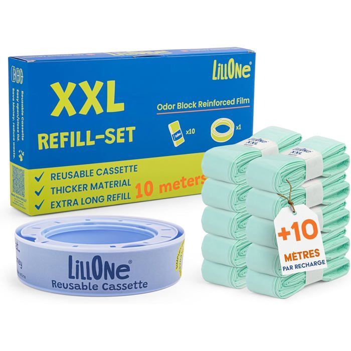 Set XXL da 10 ricariche per oltre 10 metri + 1 cassetta riutilizzabile – Compatibile con i contenitori per pannolini Angelcare e Munchkin