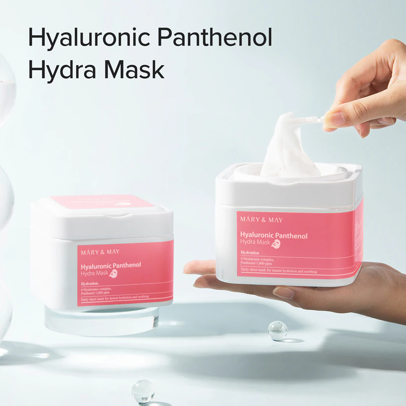 Conjunto de máscaras de tecido hidratantes intensivas Mary&May com ácido hialurônico e pantenol.