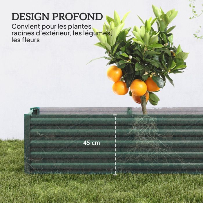 Huerto elevado Outsunny - barras de soporte y placas de esquina - fondo abierto - acero galvanizado - 240 x 40 x 45 cm - verde