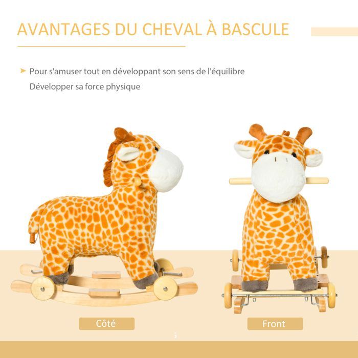 Jouet à bascule girafe et porteur sur roulettes 2 en 1 fonction sonore Dim.63L x 38l x 63H cm