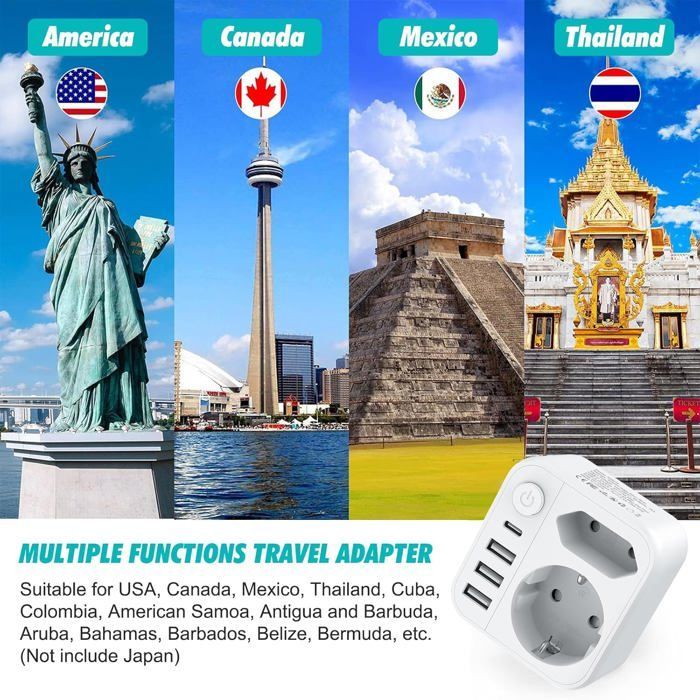 Adaptador de enchufe 6 en 1 de Francia a EE. UU./Canadá con 3 puertos USB-A y 1 puerto USB-C y 2 enchufes europeos, adaptador de enchufe de Francia a EE. UU.