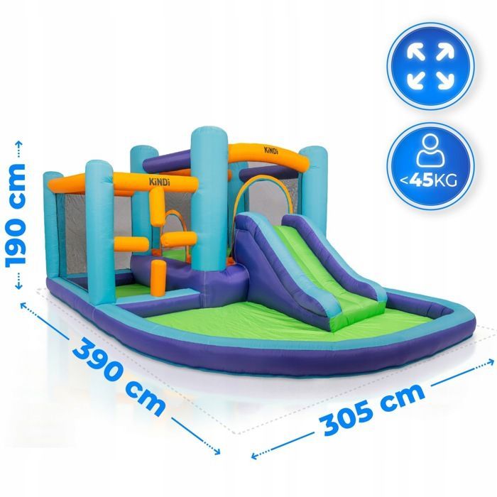 Parque infantil inflável KINDI: castelo aquático com escorregador e pista de obstáculos.