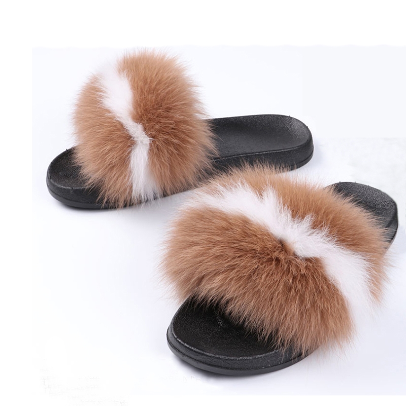 Fashion Women Fluffy Slippers Real Fox Fur Non slip Plush Beach Shoes Summer Sandals TJ 21001