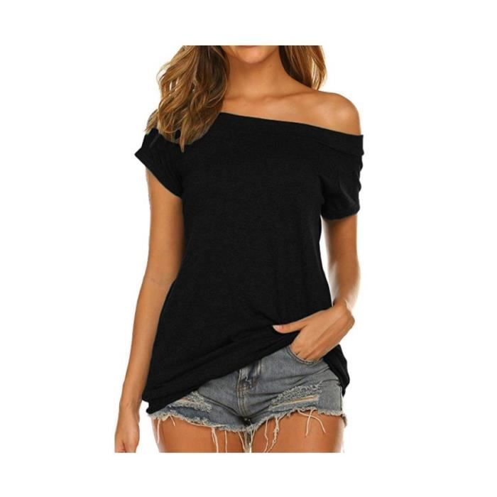 T-shirt da donna a maniche corte, spalle scoperte, scollo a barca, vestibilità ampia e casual, tinta unita - nera