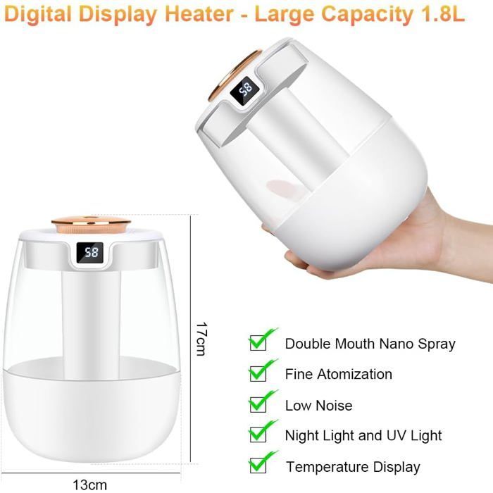 Umidificatore d'aria da 1,8 litri con display intelligente dell'umidità, ultra silenzioso (20 dB), autonomia di 20 ore, luce LED, spegnimento automatico.