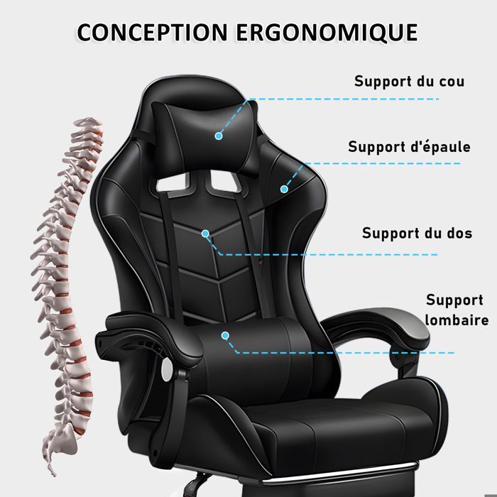 Chaise Gaming Massante, Fauteuil Gamer avec Soutien Lombaire Massage, Appui-tête, Hauteur Réglable, Dossier Inclinable à 135° -