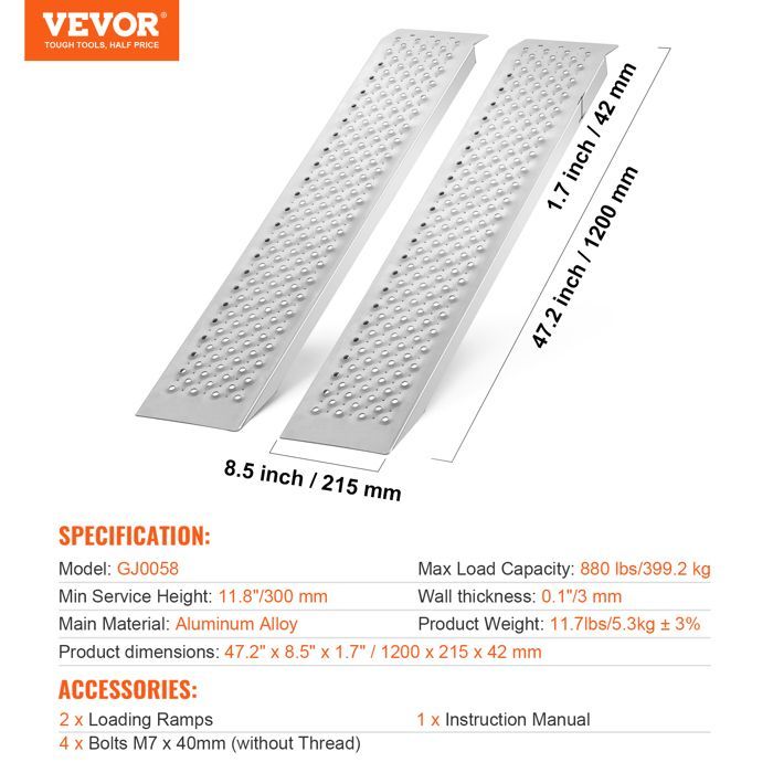 Rampas de aluminio VEVOR - 1200 x 215 x 42 mm - Capacidad de carga 399,2 kg - Para motocicletas todoterreno, remolques, quads, UTVs y tractores de jardín